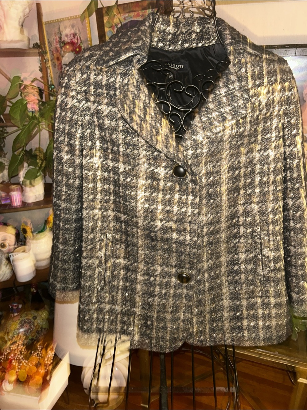 Talbots Gray and Cream Plaid Wool-Blend Blazer
